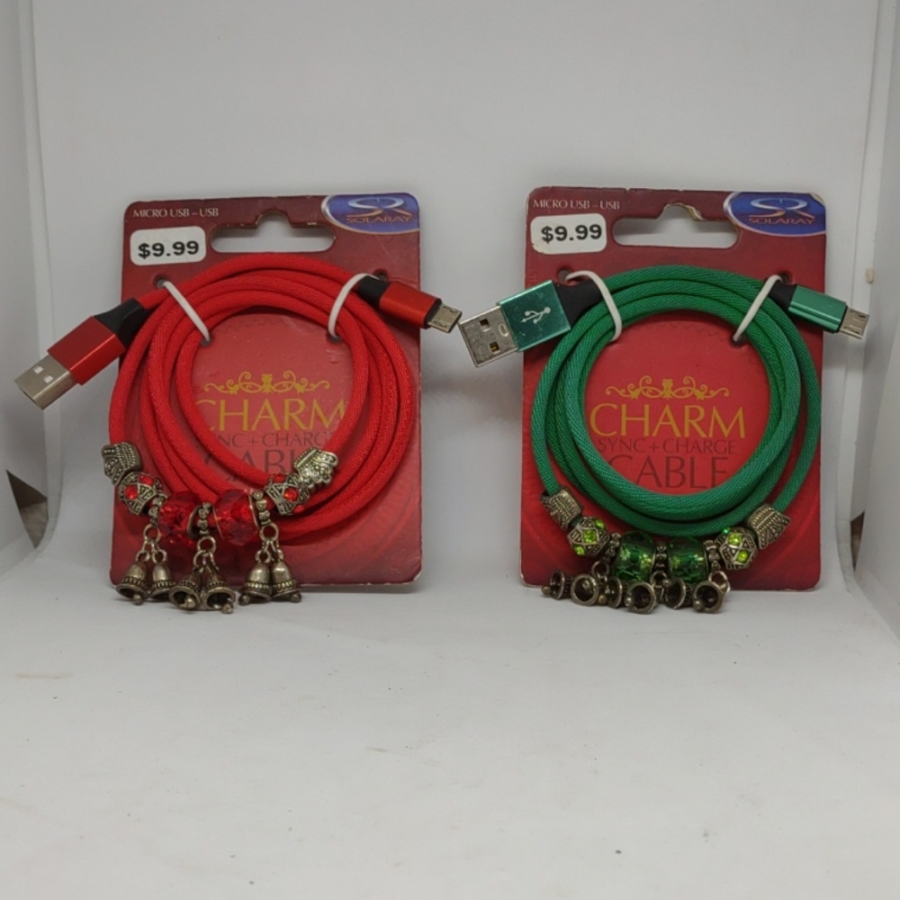 🌷‼️5/$20 - 2 Solaray JEWELED Charm SYCN & CHARGE Cable microUSB USB Red /Green